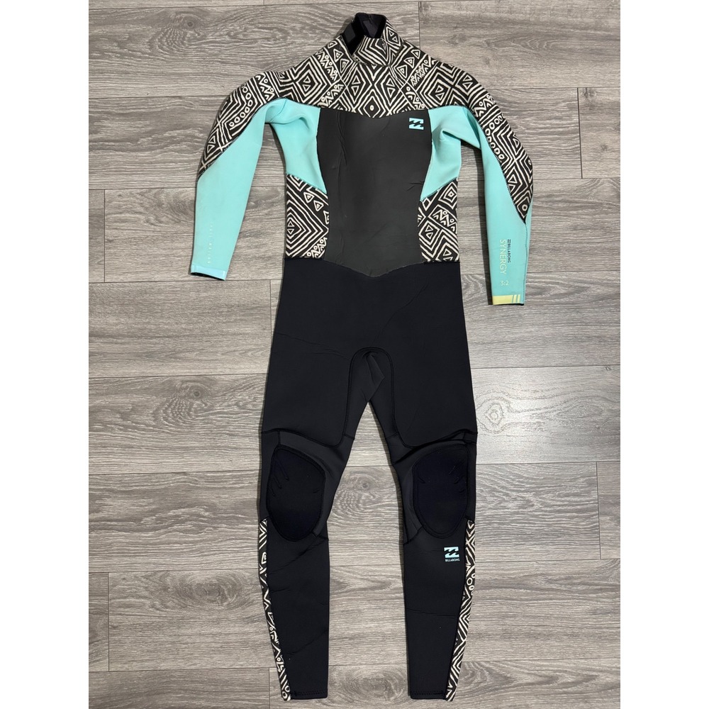 Billabong Synergy 3/2 Back Zip Full Wetsuit Tribal Print Mint Black Women Size 2